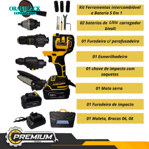 Oferta Especial Ferramentas 5 em 1 Nakasaki Motor Brushless( Martelete, Parafusadeira, chave Impacto, Motosserra, Esmeilhadeira) 48v