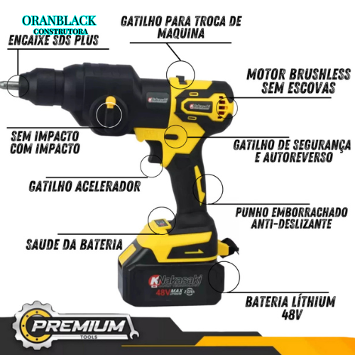 Oferta Especial Ferramentas 5 em 1 Nakasaki Motor Brushless( Martelete, Parafusadeira, chave Impacto, Motosserra, Esmeilhadeira) 48v