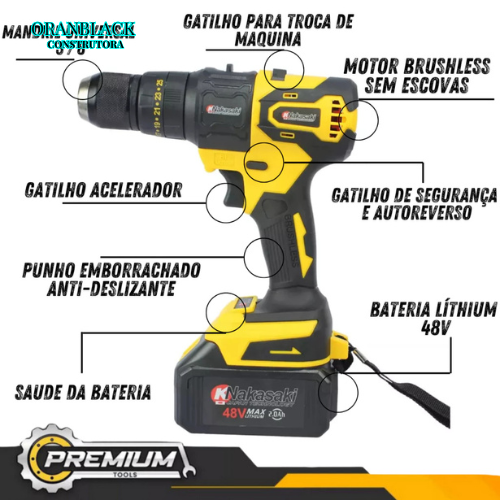 Oferta Especial Ferramentas 5 em 1 Nakasaki Motor Brushless( Martelete, Parafusadeira, chave Impacto, Motosserra, Esmeilhadeira) 48v